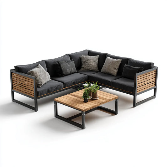 Sofa ogrodowa, Zestaw kątowej sofy ogrodowej z czarnym i naturalnym stołem bocznym 240 x 240 cm w stali pokrytej proszkiem i z litego drewna akacjowego