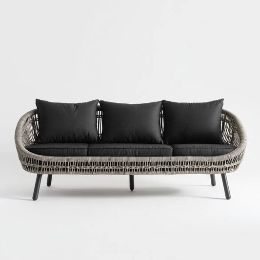 Sofa ogrodowa, 3 fotele czarne i szare 210 x 80 x 78 cm w rattanie PE i stali o zakrzywionej konstrukcji