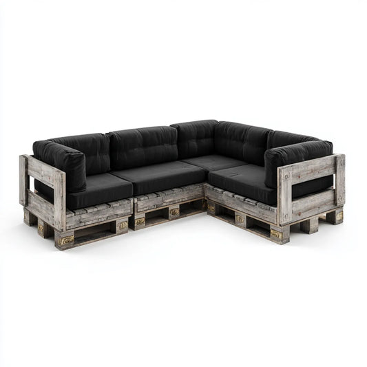 Sofa ogrodowa, Szara drewniany narożnik kanapa ogrodowa z czarnych poduszki 240 x 180 cm, 240 x 180 x 80 cm
