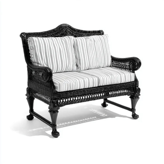 Sofa ogrodowa, 2-osobowa czarna sofa w rattanie PE z paskami poduszki 135 x 75 x 100 cm