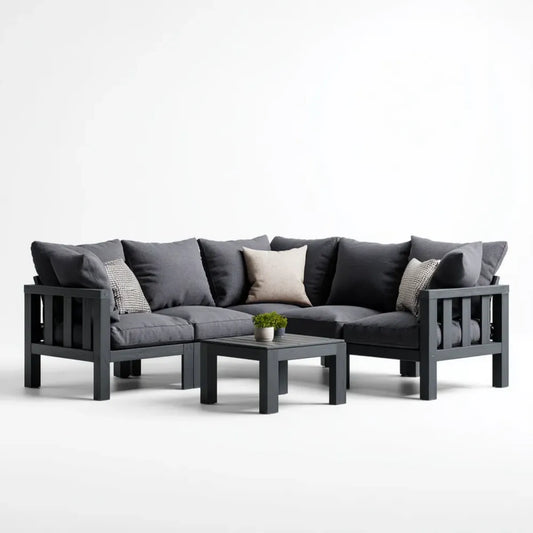 Sofa ogrodowa, Meble ogrodowe narożnikowe 4 czarne siedzenia w akacji z poliestrowymi poduszkami o kształcie 240 x 240 x 70 cm