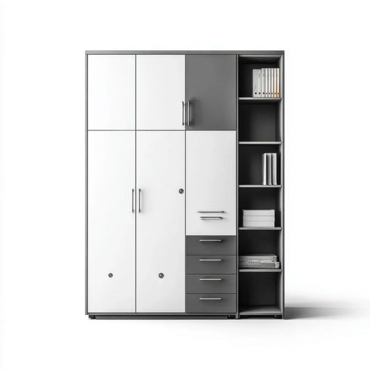 Szafa magazynowa w stali krzemowej 200 x 50 x 200 cm, 4 drzwi, 4 szuflady i półki z krzemionki otwarte, szary antracyt i biały